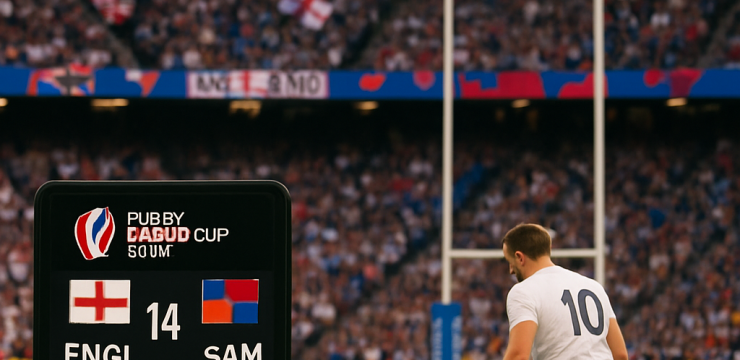 A bustling rugby stadium scene illustrating England vs Samoa with projected odds and real-time