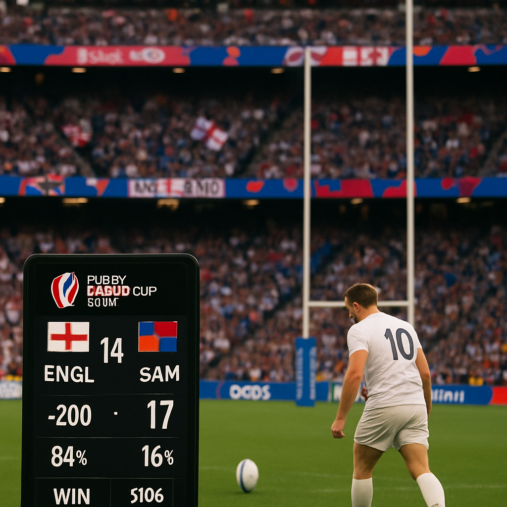 A bustling rugby stadium scene illustrating England vs Samoa with projected odds and real-time
