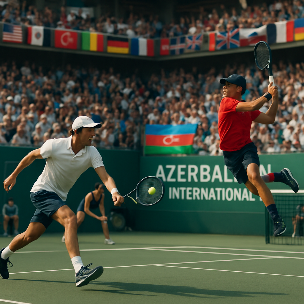 A vibrant photo of tennis players competing in an international tournament in Azerbaijan, featuring