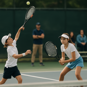 Young junior tennis players compete in a regional tournament as a coach and spectators