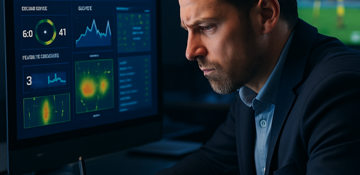 Intense scene of a sports analyst working with live soccer statistics from 1xBet, surrounded