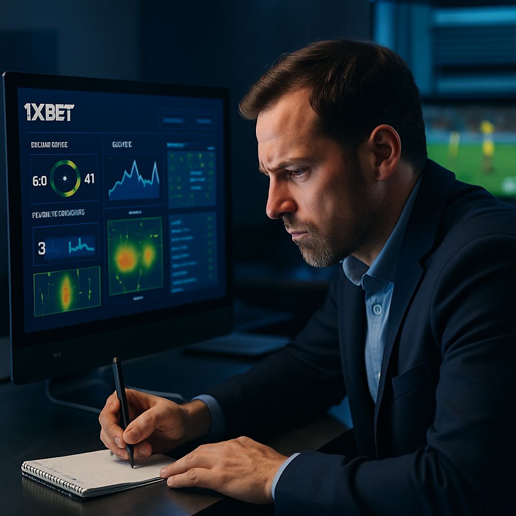 Intense scene of a sports analyst working with live soccer statistics from 1xBet, surrounded