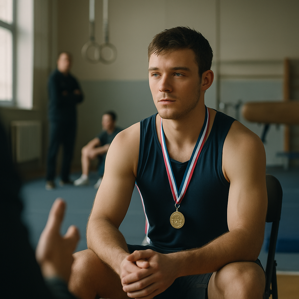 A national champion reflects during an interview in a training hall, with a coach