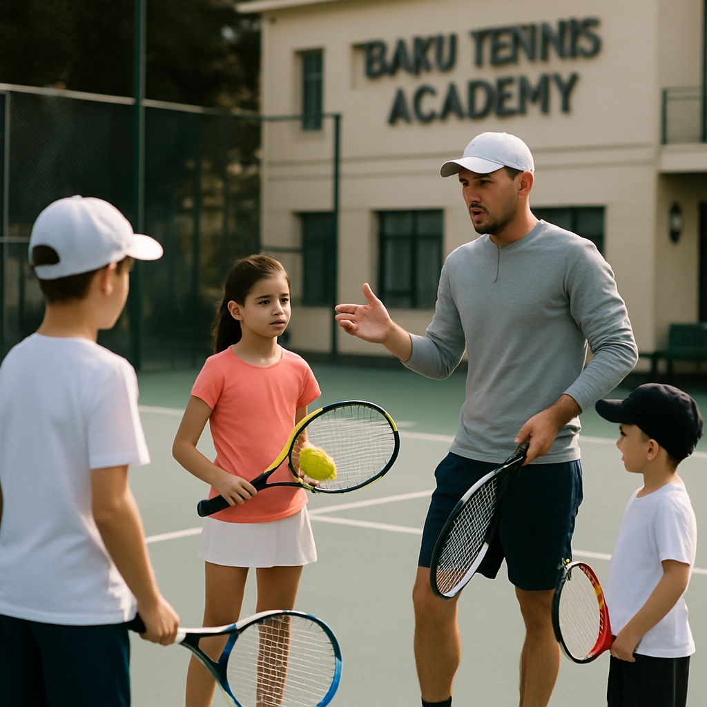 A coach guides young players during tennis practice on a quality outdoor court at
