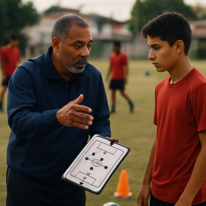 A local football coach guides a young player through a training drill at an