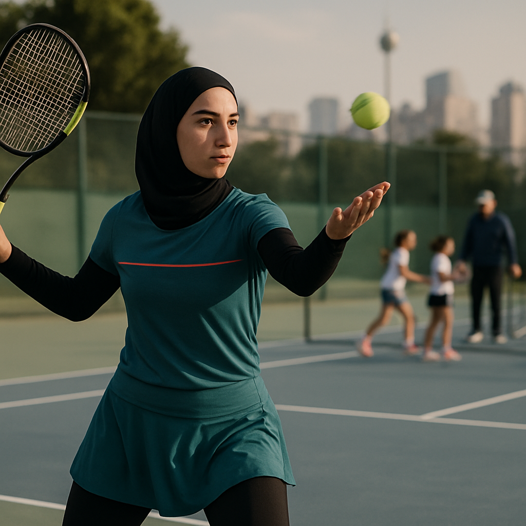 A young Azerbaijani tennis player serves on a Baku court as a coach and
