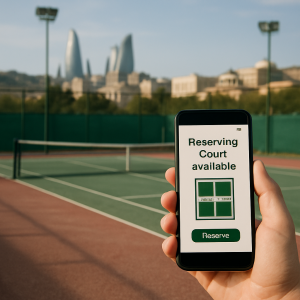 A maintained tennis court with visible court surface, floodlights, and a device for checking
