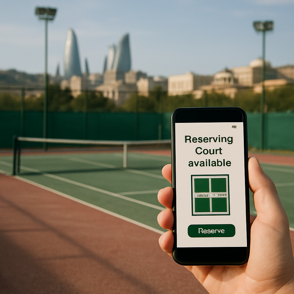 A maintained tennis court with visible court surface, floodlights, and a device for checking