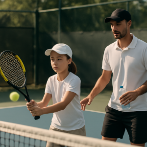 A supportive tennis coach guides a young player through a relaxed practice on a