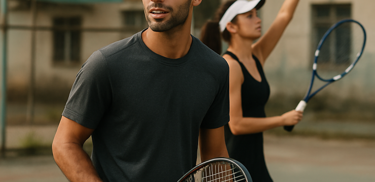 Two Azerbaijani tennis players on a worn outdoor court, representing sporting achievements and the