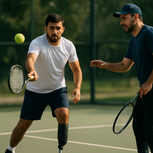 An Azerbaijani para-standing tennis player trains on court with a coach nearby.