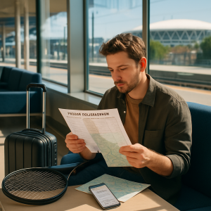 A traveler checks a tennis tournament schedule and city map beside a racket and