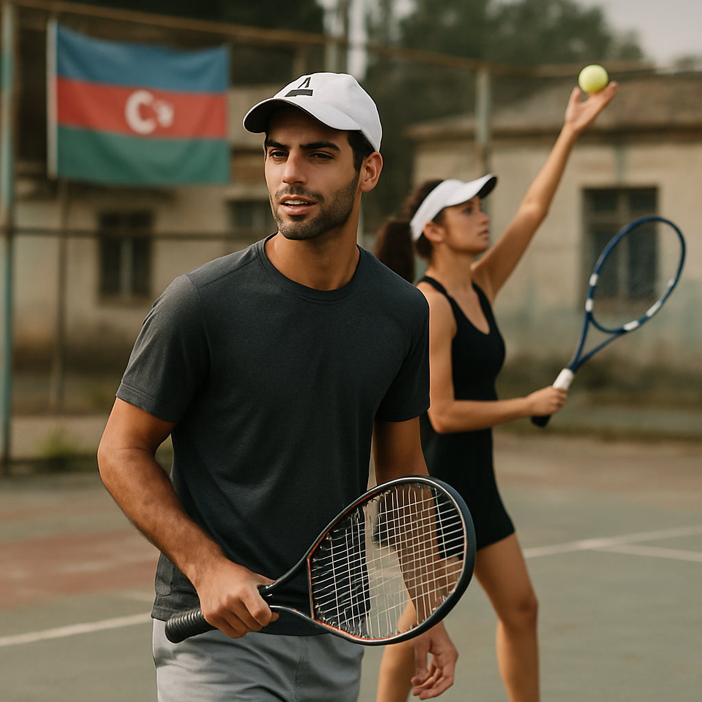 Two Azerbaijani tennis players on a worn outdoor court, representing sporting achievements and the
